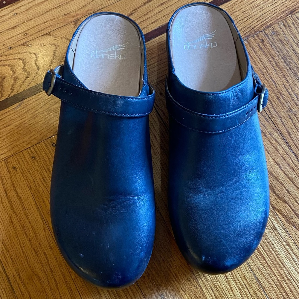 Dansko Navy Leather Buckle Clogs